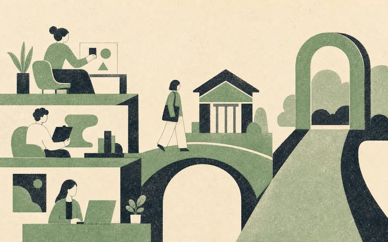 Several psychology-adjacent work roles and a graduate-entry bridge sitting beside the protected psychologist pathway, Risograph editorial illustration in deep charcoal, warm cream and sage green, distinct abstract role stations and faceless figures, clear boundaries, visible riso grain, no text, no logos