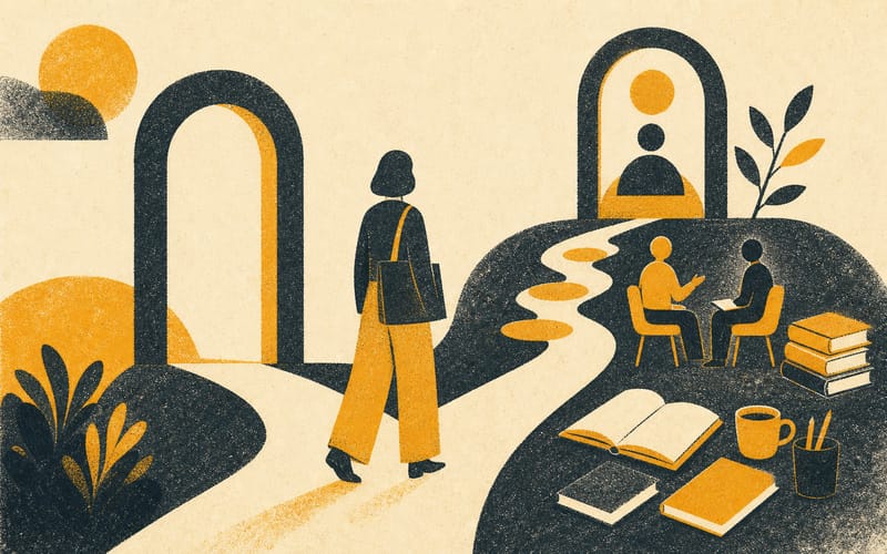 A generally registered psychologist continuing along a separate supervised route towards clinical psychology endorsement, Risograph editorial illustration in deep charcoal, warm cream and amber, two clearly distinct credential stages and a faceless professional figure, tactile grain, no text, no logos