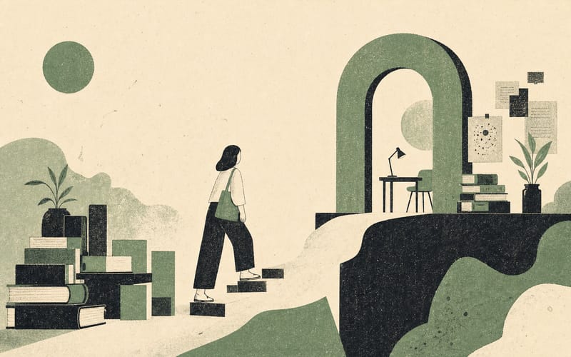 A psychology student moving from foundational university books into a distinct fourth-year research stage, Risograph editorial illustration in deep charcoal, warm cream and sage green, abstract thesis pages and faceless figure, spacious Japanese-minimalist layout, visible ink grain, no text, no logos
