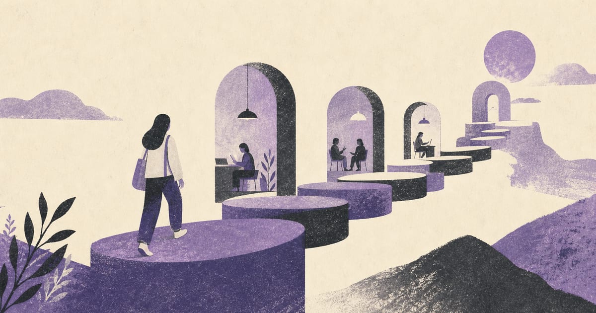 A psychology student beginning a long but navigable pathway through university, supervised training and registration, Risograph editorial illustration in deep charcoal, warm cream and dusty violet, abstract faceless figure, layered stepping forms, Japanese-minimalist composition, visible ink grain and slight misregistration, no text, no logos