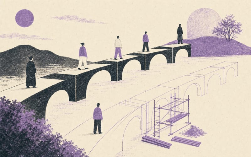 A current multi-stage psychology pathway beside a proposed integrated route that remains unfinished, Risograph editorial illustration in deep charcoal, warm cream and dusty violet, one solid path and one lightly incomplete path, faceless figures, generous negative space, no text, no logos