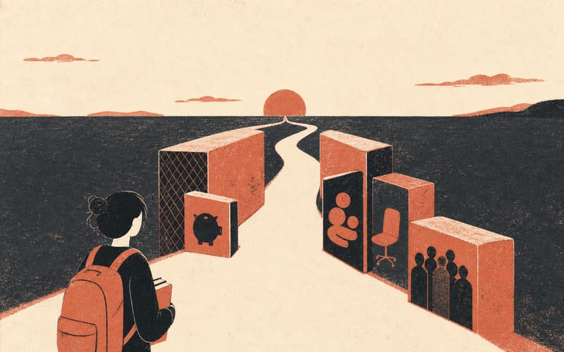 A psychology training path narrowing around competitive entry, placement availability, finances, caring and supervision, Risograph editorial illustration in deep charcoal, warm cream and terracotta, faceless student navigating staggered obstacles, open horizon, visible ink grain, no text, no logos