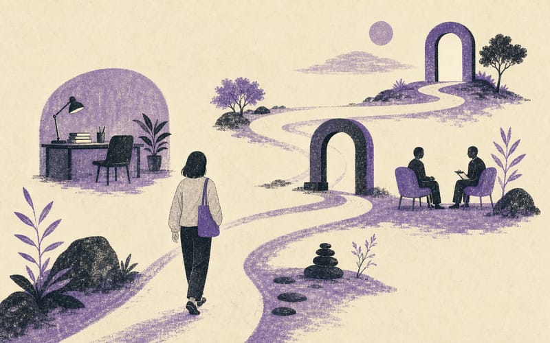 A realistic psychology training timeline bending around pauses and detours before reaching registration, Risograph editorial illustration in deep charcoal, warm cream and dusty violet, calm faceless student on a winding path with milestone arches, generous negative space, no numbers, no text, no logos