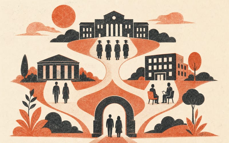 Two psychology registration routes branching after fourth year, one through a professional postgraduate program and one through fifth-year study plus supervised internship, Risograph editorial illustration in deep charcoal, warm cream and terracotta, two balanced paths and minimal faceless figures, visible ink misregistration, no text, no logos