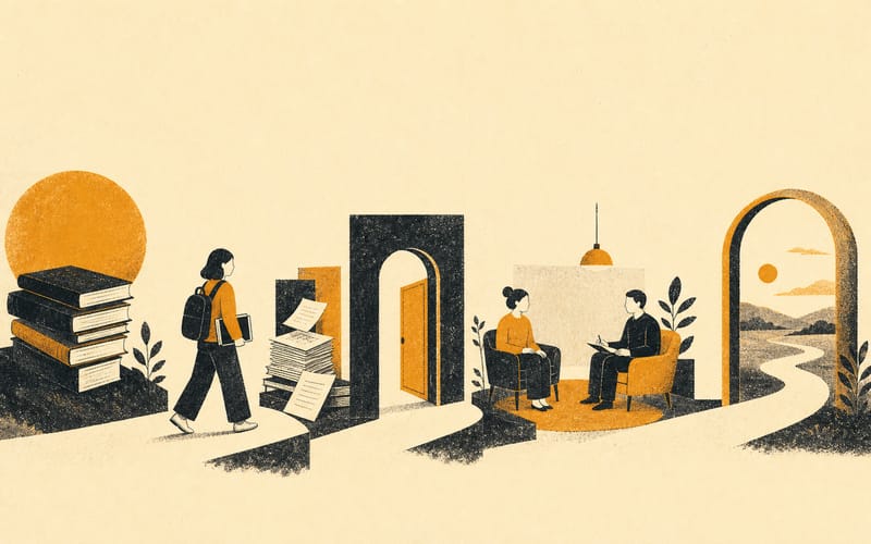 A sequence of university, research and supervised-practice stages arranged along one extended pathway, Risograph editorial illustration in deep charcoal, warm cream and amber, faceless student moving between simple paper and doorway forms, heavy negative space, visible riso grain, no numbers, no text, no logos