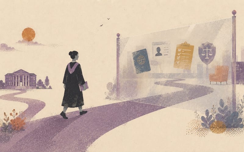 Invisible checkpoint appearing after graduation for language, identity, and legal evidence systems