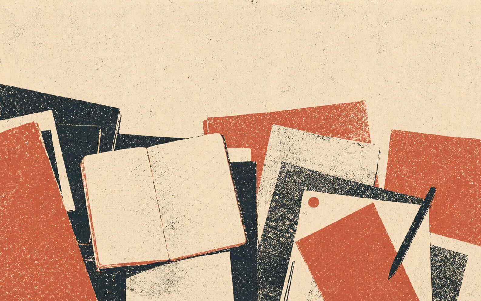 A desk with overlapping documents and folders suggesting logbook overload