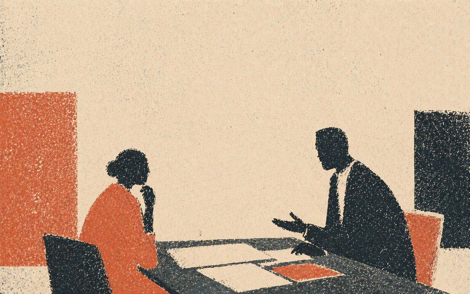 Two abstract figures facing each other across a desk, representing the supervisor review arrangement