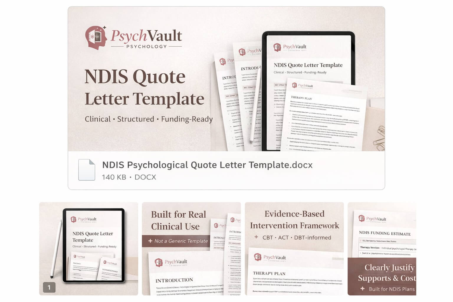 Structured NDIS psychology report pages open on a clinical desk with handwritten notes alongside