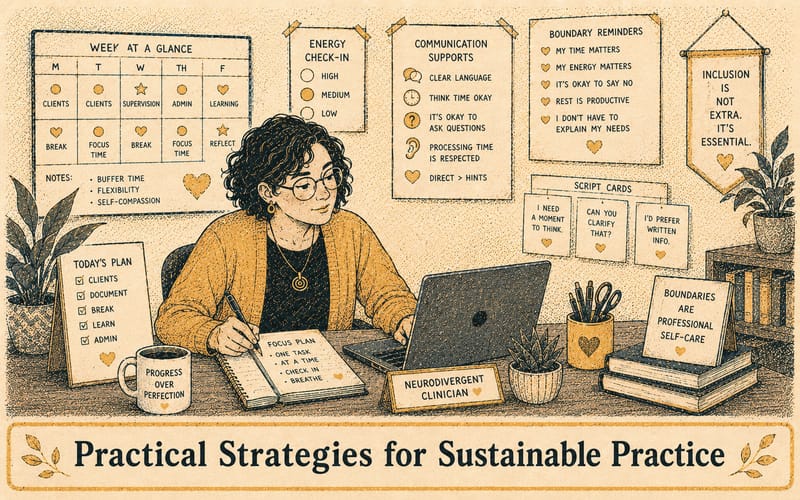 Hands using various tools — voice recorder, computer, organisational systems — demonstrating practical adaptation strategies