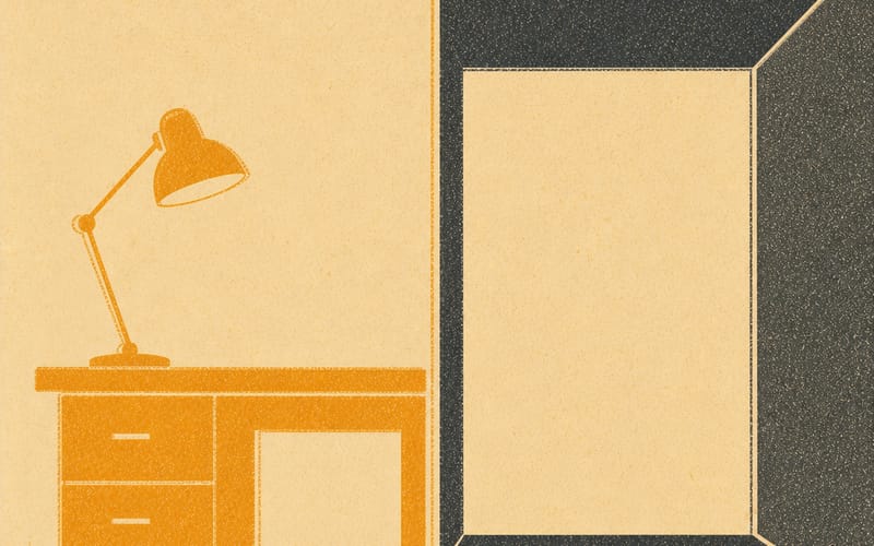 Risograph split-composition illustration — left side shows a minimal desk lamp and home desk in amber and cream, right side shows a bare test room outline in charcoal, ink misregistration and grain visible at the divide