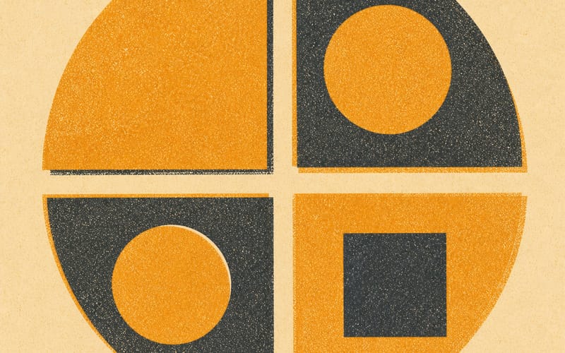 Abstract Risograph illustration of four geometric segments arranged in a circle, amber and charcoal ink on cream, representing the four exam domains with visible grain texture