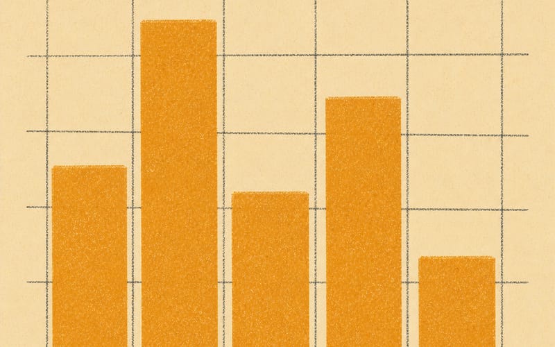Risograph flat-graphic table abstracted as stacked amber blocks with fine charcoal grid lines on cream, visible ink bleed at edges, representing structured domain proportions