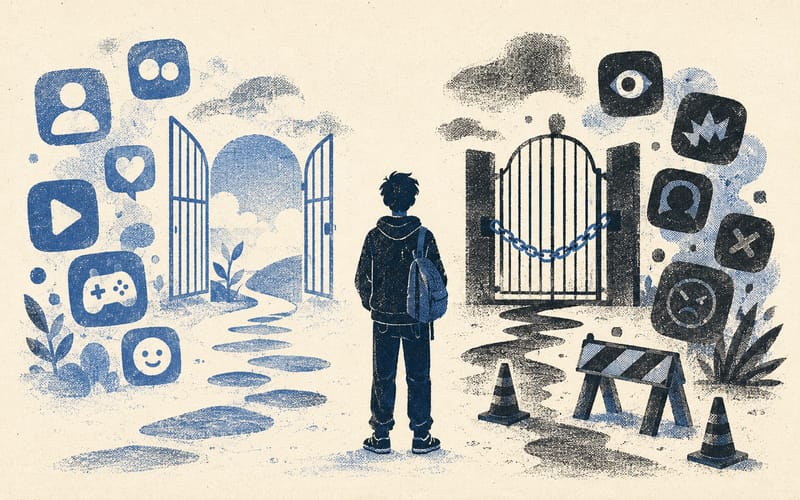 Teen silhouette between approved and age-restricted platform icons, with gates, open pathways, and caution markers, Risograph editorial illustration in dusty blue and charcoal on warm cream
