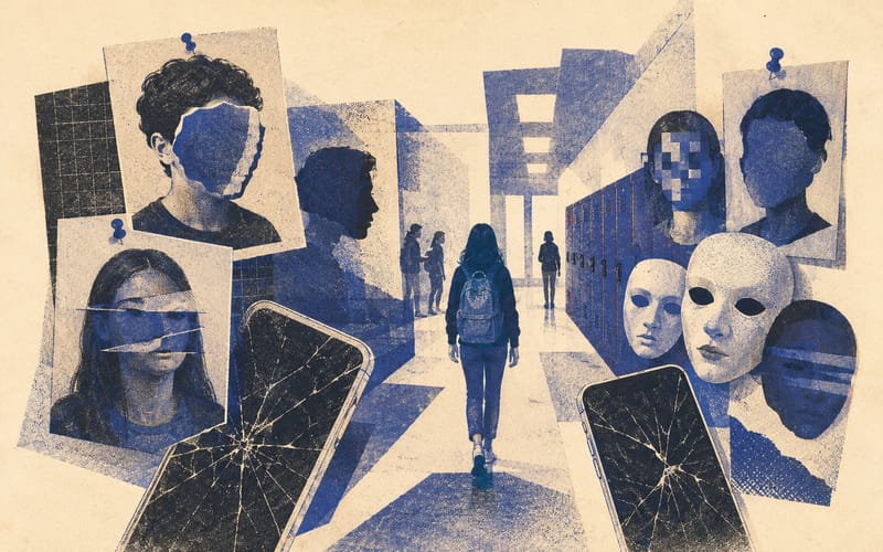 Layered collage of chat apps, game controllers, live stream windows, gift icons, and hidden private-message tunnels, Risograph editorial illustration in teal and charcoal on warm cream