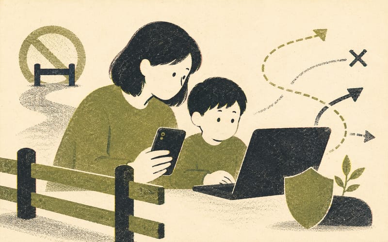 Parent and child reviewing settings on a phone, router, console, and laptop while transparent guardrails and bypass arrows appear around them, Risograph editorial illustration in olive green and charcoal on warm cream