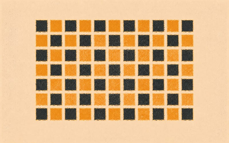 Geometric corporate grid forms suggesting systems thinking, Risograph amber and charcoal on cream