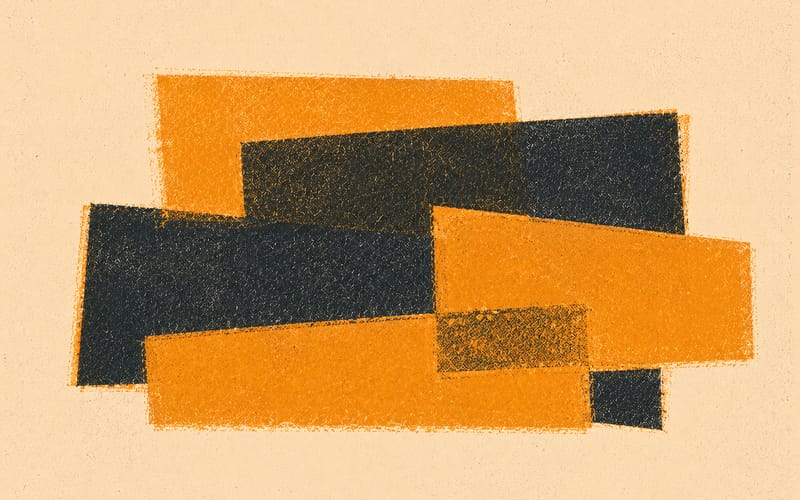 Abstract flat forms in motion suggesting organisational change and movement, Risograph amber and charcoal on cream