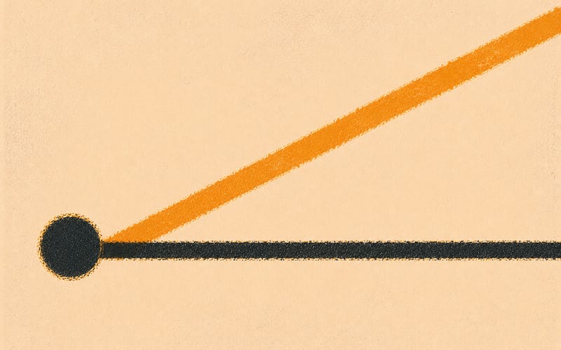 Branching path abstract in amber and charcoal — two possible directions from a single origin, Risograph on cream