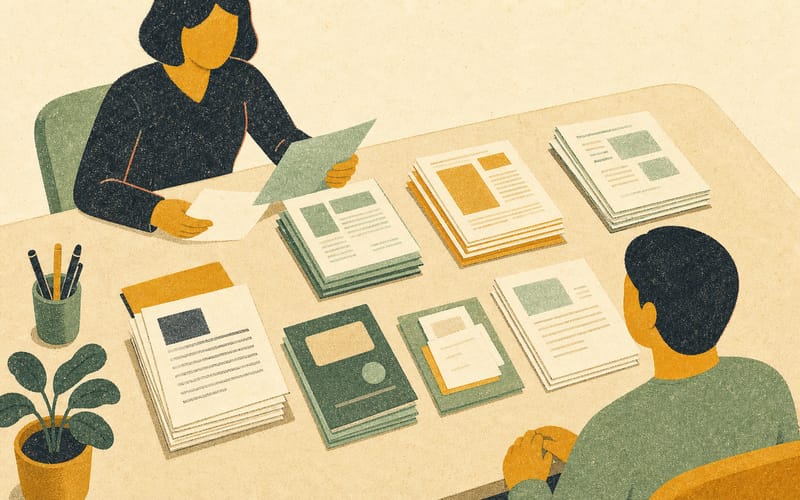 A careful document review table with transcripts, placement records, research evidence, and registration history arranged as separate evidence layers