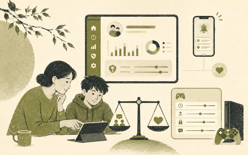 Parent dashboard, phone alerts, console settings, and trust balance scales shown as collaborative oversight rather than covert surveillance, Risograph editorial illustration in olive green and charcoal on warm cream, 16:10 landscape