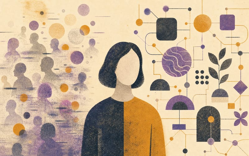 Abstract Risograph illustration of a faceless person surrounded by fading celebrity silhouettes on one side and a coherent patterned world on the other.