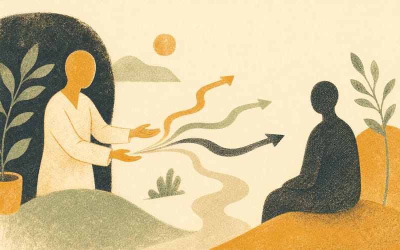 Risograph illustration of a clinician offering several open pathways rather than pushing one heavy arrow toward a client.