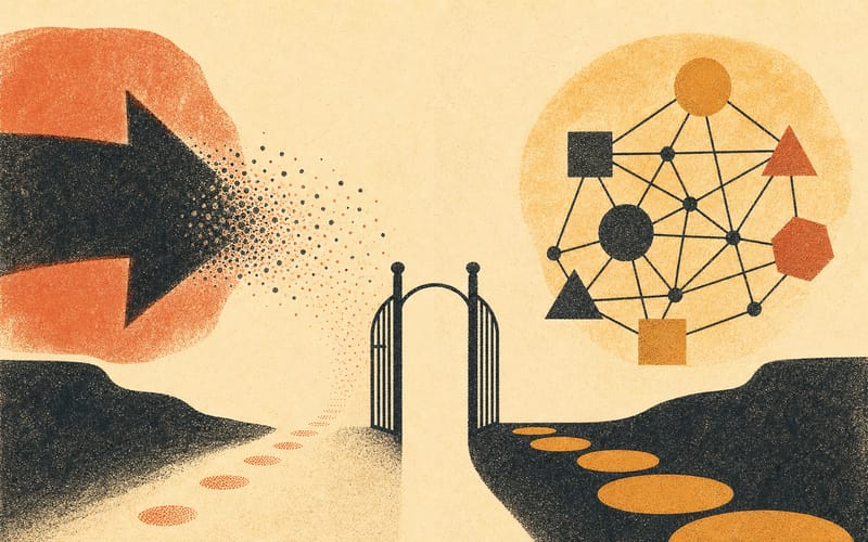 Risograph split-pathway illustration showing an imposed social demand losing weight while a coherent self-chosen system becomes highly connected.