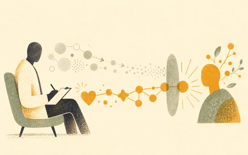 Abstract Risograph illustration of a clinician observing two signal pathways, one fading before it reaches attention and one becoming vivid through personal meaning.