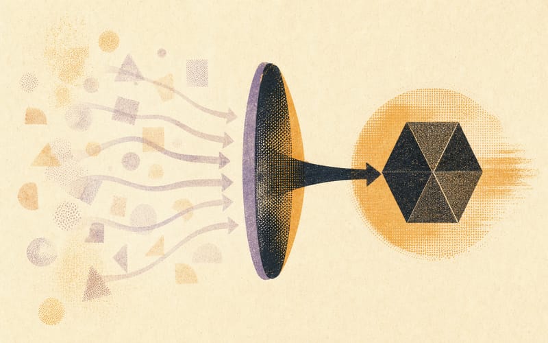 Risograph illustration of social consensus signals arriving as soft external arrows while one internally meaningful pattern becomes dark and sharply weighted.