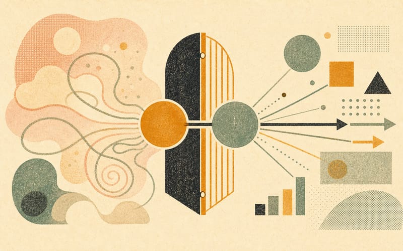 Flat Risograph network illustration showing an anterior insula node and dACC node acting as a switch between an inward DMN field and an outward CEN task field.
