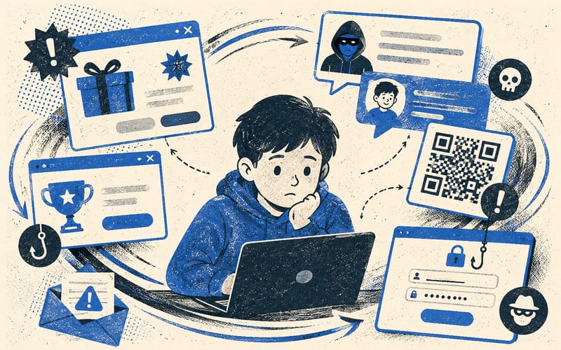 Fake giveaway popups, QR traps, hacked friend messages, and login bait circling a young user, Risograph editorial illustration in steel blue and charcoal on warm cream, 16:10 landscape