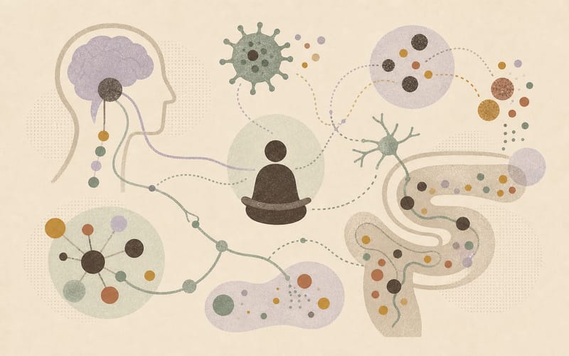 Body systems shown as connected hormonal, immune, gut, and stress pathways
