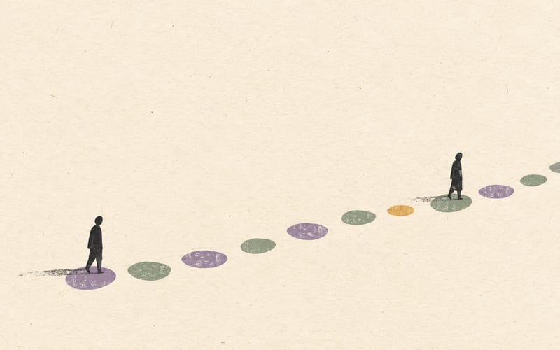 Two small figures separated by a pathway of widely spaced circles, representing questions that extend the clinical view beyond the session