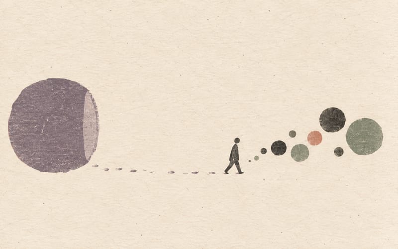 A tiny figure leaving a large open circle while smaller textured forms gather further along the path, representing a delayed response after therapy
