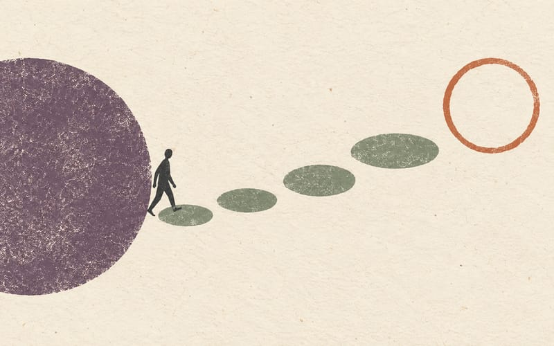 A tiny figure moving from a dense circle onto a short sequence of spacious stepping stones, representing a planned transition out of therapy