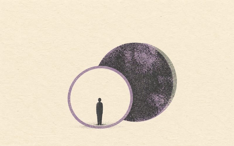 A small figure standing calmly inside a simple ring while a denser offset circle suggests an unseen internal load