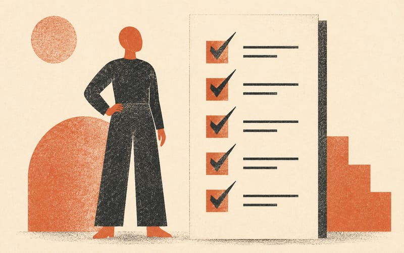 Abstract faceless figure standing beside a tall vertical list with geometric checkmark shapes, calm and prepared posture — Risograph two-colour flat print, terracotta and charcoal on cream