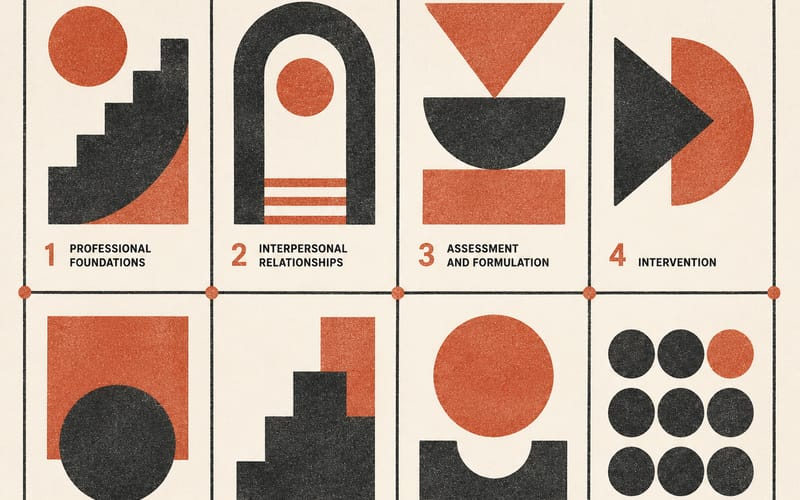 Eight abstract geometric forms in a structured framework representing the eight PsyBA competency domains assessed in a 5+1 progress review — Risograph two-colour flat print, terracotta and charcoal on cream