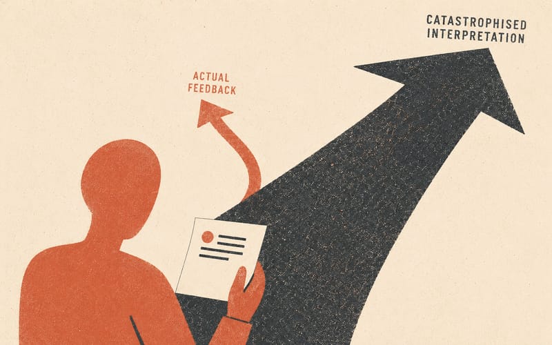 Abstract faceless figure holding a small document with two diverging arrows above — a small arrow representing the actual feedback message, a large arrow representing the catastrophised interpretation — Risograph two-colour flat print, terracotta and charcoal on cream