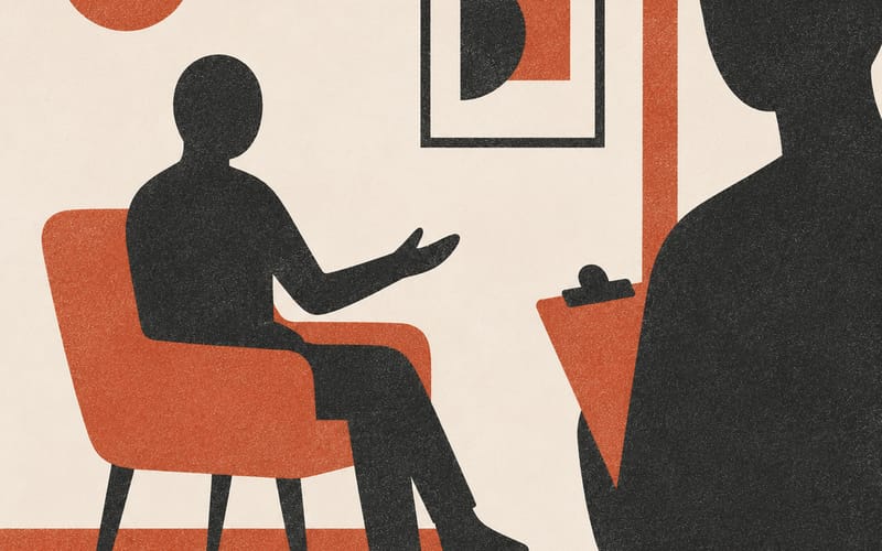 Two abstract faceless silhouettes — one seated in a chair, one observing from the edge of the frame — representing the direct observation dynamic in clinical placement — Risograph two-colour flat print, terracotta and charcoal on cream