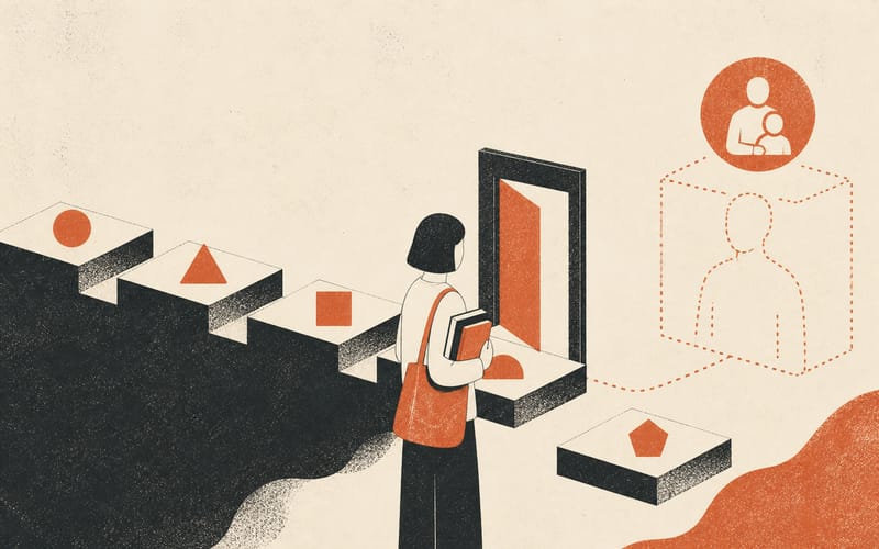 A student exit point after three years beside a still-unfinished assistant role outline