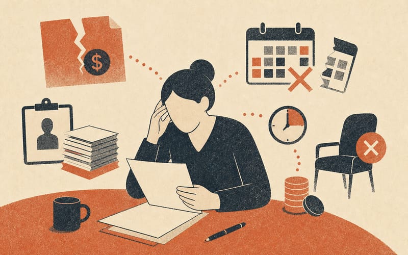 A provisional psychologist reading a contract with payback clauses, unpaid admin work, cancelled sessions and insecure hours layered around it.