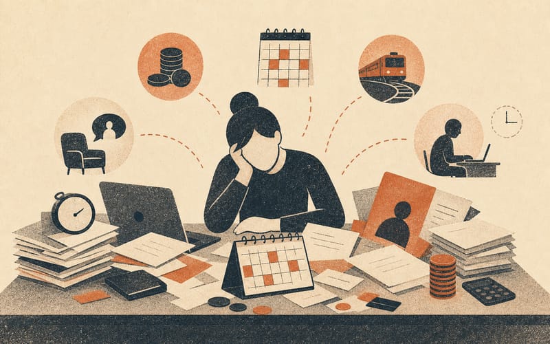 A provisional psychologist balancing placement hours, registration fees, supervision costs, commuting and unpaid work on an overloaded desk.