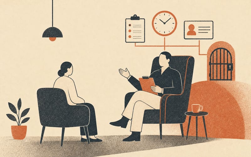 A supervision room where one chair controls sign-off, hours, references and scope while a provisional psychologist sits with limited leverage.