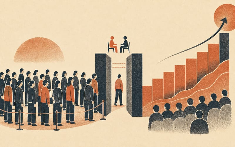 A workforce bottleneck showing many provisional psychologists waiting at a narrow supervised practice gateway while demand rises beyond it.