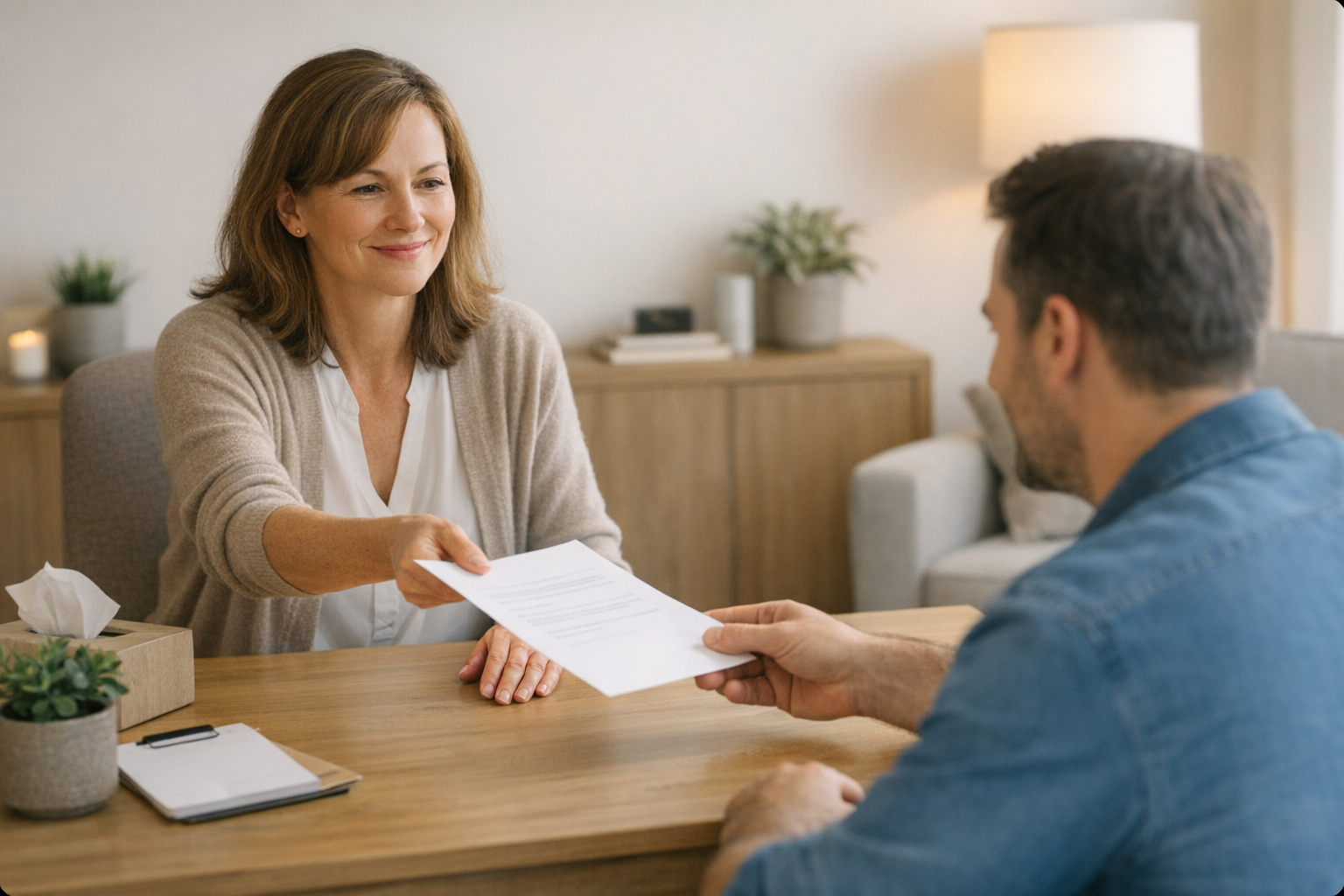 A psychologist reviewing a psychoeducation handout with a client across a calm clinical desk