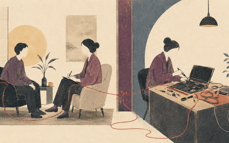 A psychologist stepping away from device repair and back toward the defined therapeutic role