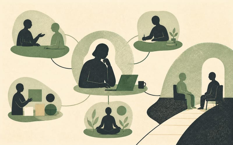 A psychologist using treatment, supervision, workload changes and continuity planning to support safe practice during illness, Risograph editorial illustration in deep charcoal, warm cream and sage green, faceless practitioner supported by several balanced protective structures, Japanese-minimalist layout, visible grain, no text, no logos