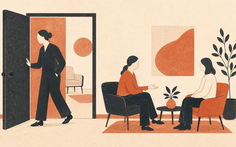 A psychologist stepping away from clinical work when alcohol or medication effects disrupt attention and coordination, Risograph editorial illustration in deep charcoal, warm cream and terracotta, faceless figure beside a paused consultation room, calm safety-focused composition, visible riso grain, no bottles, no text, no logos